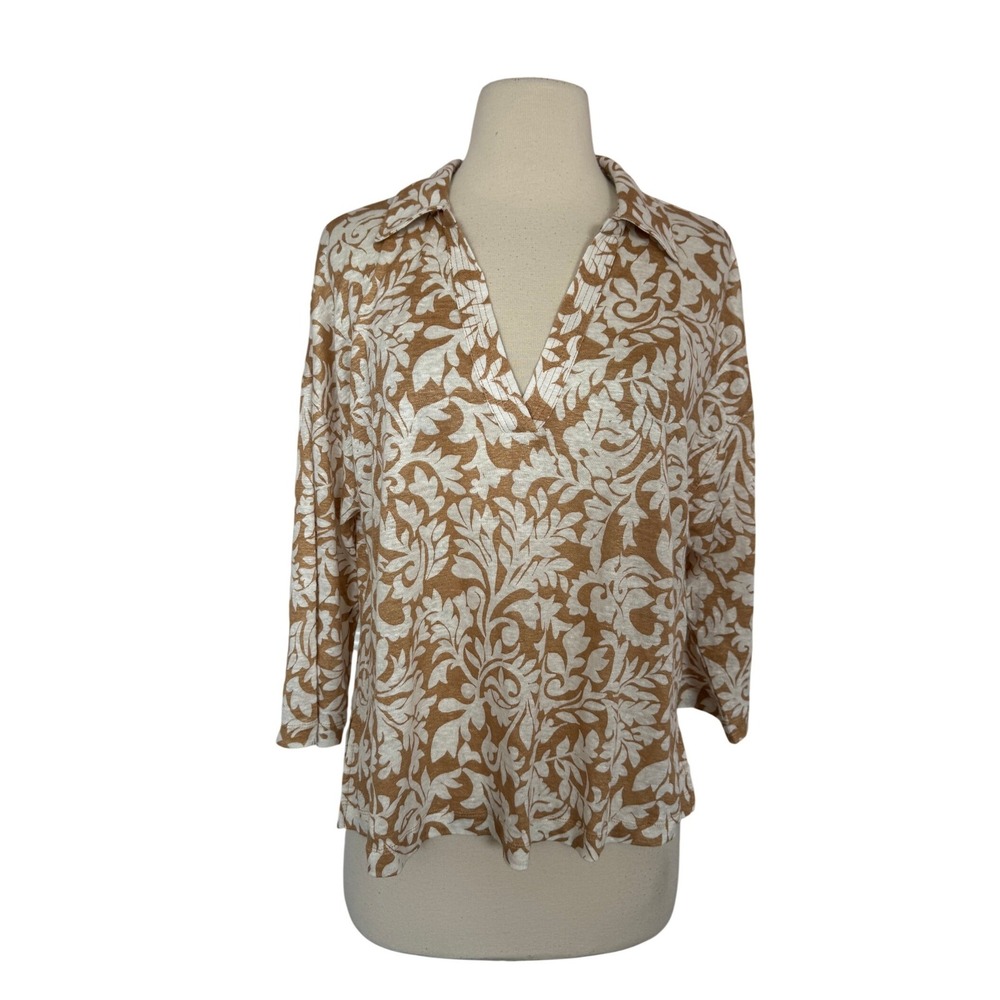 Tahari Luxury Edition Womens Tan Ivory Damask Floral V-Neck 3/4 Sleeve Top L
